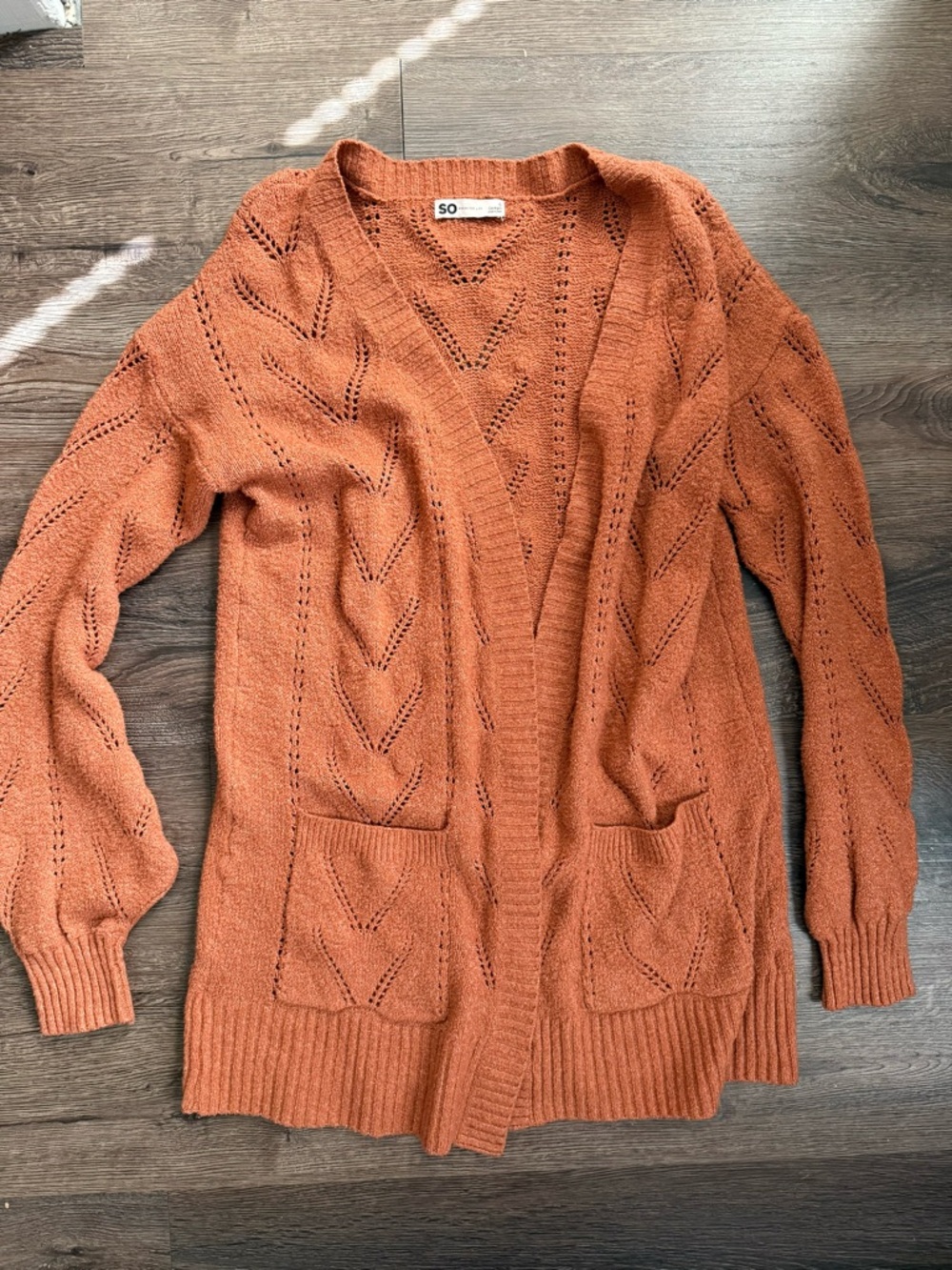 SO Open-Front Knit Cardigan in Rust Orange